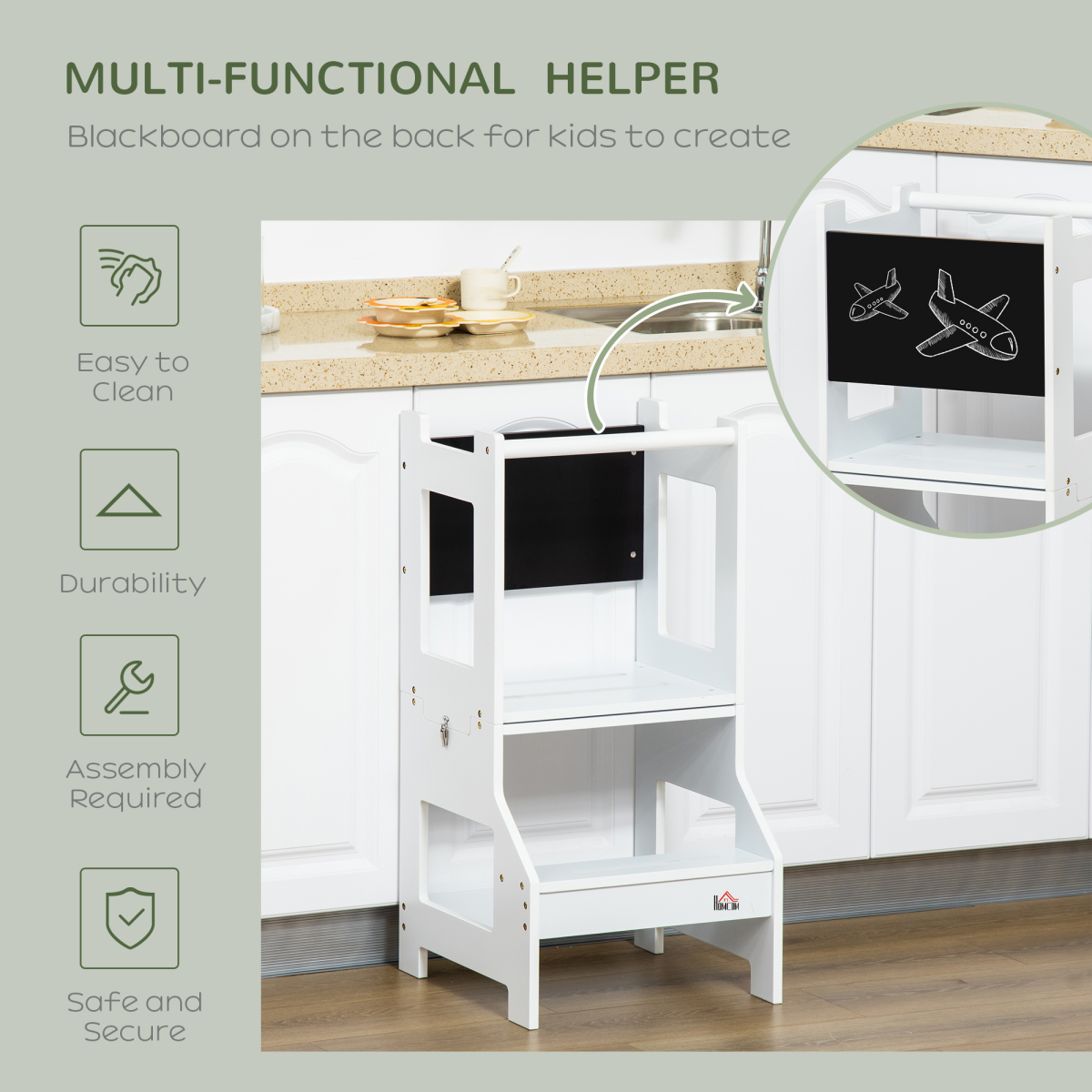 2-in-1 Kids Kitchen Step Stool & Table – Learning Tower with Safety Rail & Chalkboard