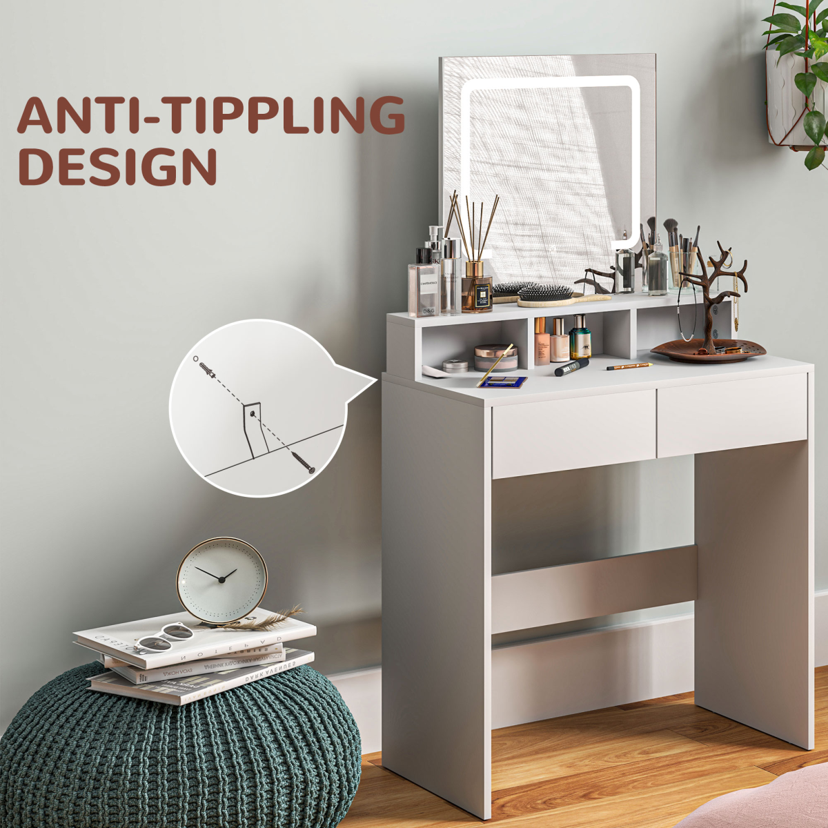 HOMCOM Dressing Table with LED Mirror, 2 Drawers & 3 Open Compartments – Makeup Vanity, White
