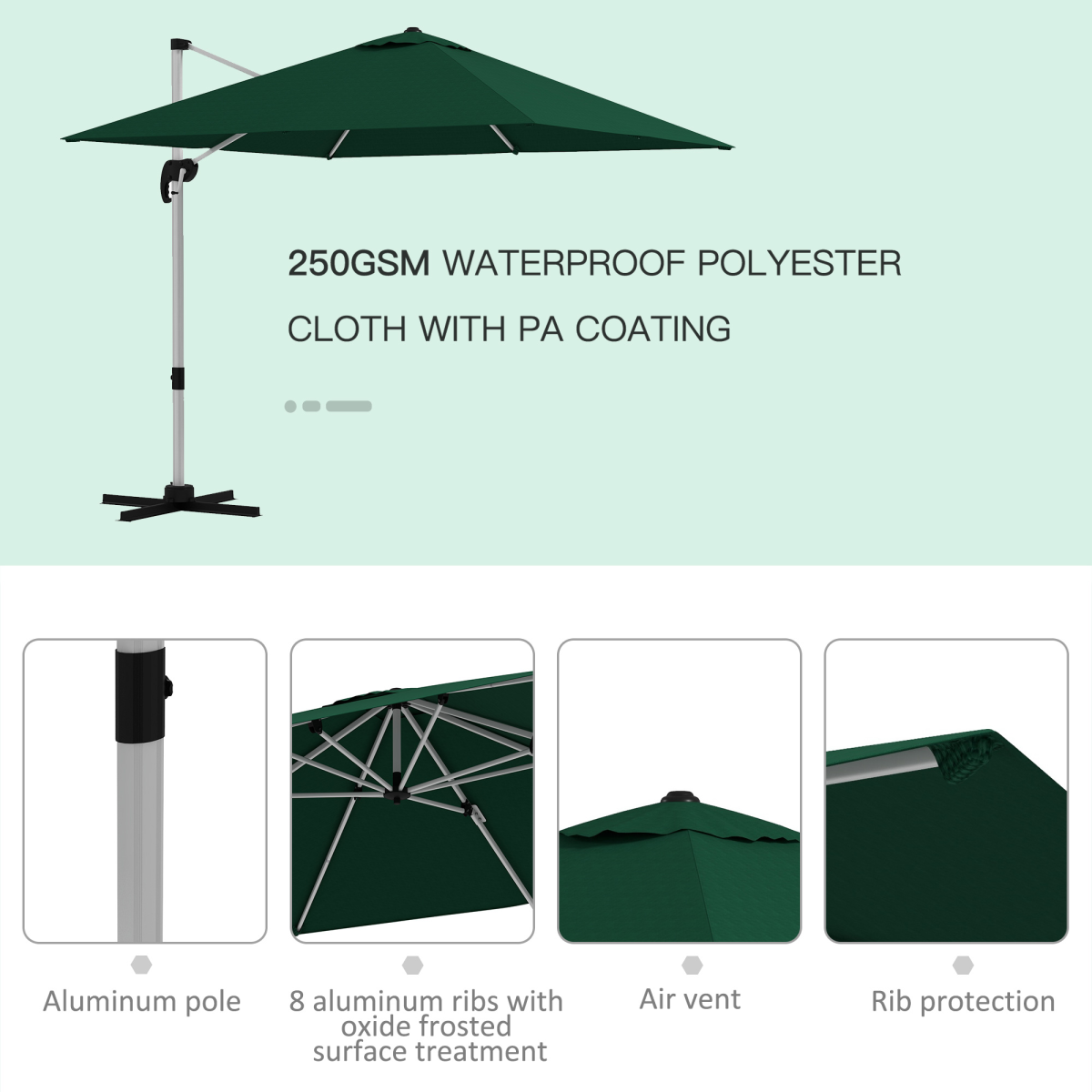 Outsunny 3 x 3m Cantilever Roma Parasol with 360° Cross Base and 5-Level Tilt – Garden Umbrella, Green