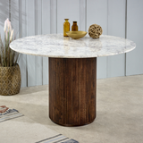 Opal Round Mango Wood Dining Table with White Marble Top – Handmade Artisan Table for Sociable Dining