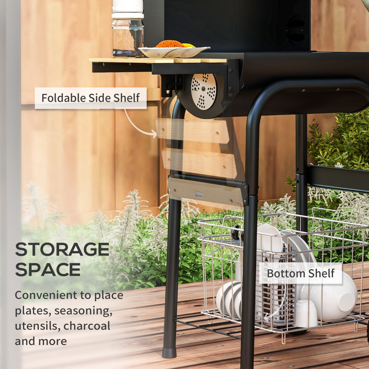 Outsunny Charcoal BBQ Grill Trolley with Lid, Thermometer & Shelves – Wheeled Garden Barbecue, Black