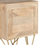 Light Gold Metal Inlay 2-Drawer Side Table in Solid Wood – Retro Angled Legs, Lamp & Bedside Table