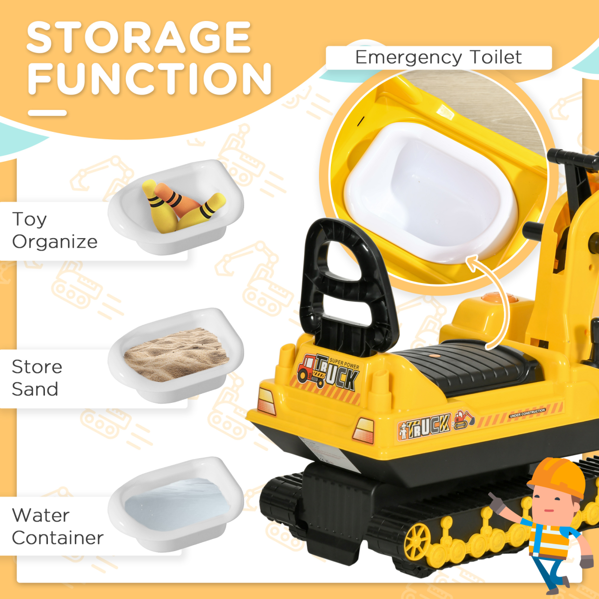 HOMCOM Kids Ride-On Excavator Toy with Rotating Body & Storage Box – 2-in-1 Toddler Walker Digger
