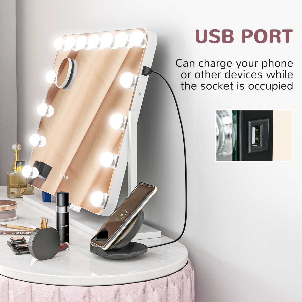 HOMCOM Hollywood Dimmable Lighted Makeup Mirror with Magnifier, USB Port