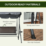 Outsunny 3-Seater Garden Swing Bench with 45° Adjustable Canopy & Steel Frame – Rattan Seat Patio Swing