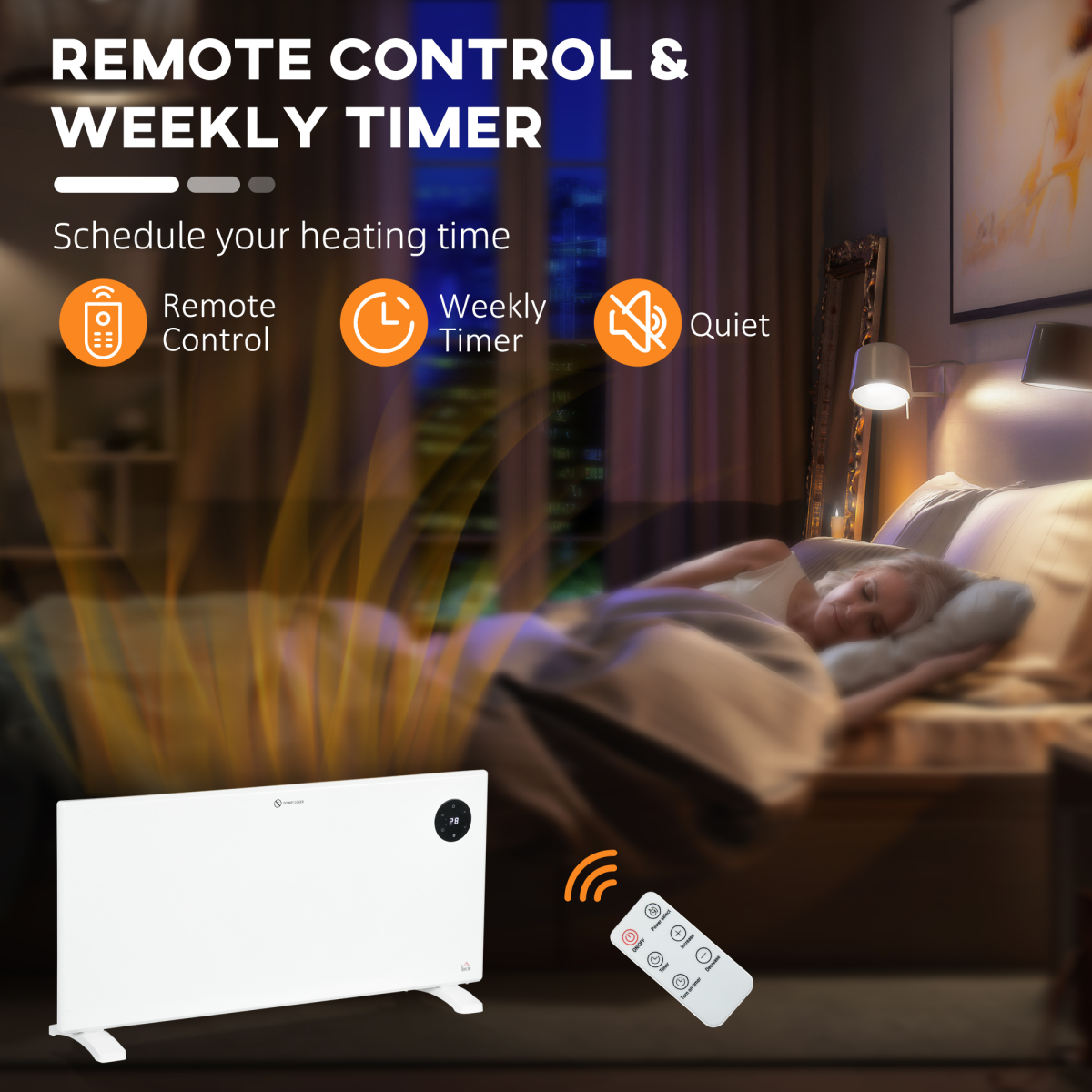 HOMCOM 2000W Electric Convector Heater with LED Display, Remote and Timer – Quiet Fan-Free Space Heater, White