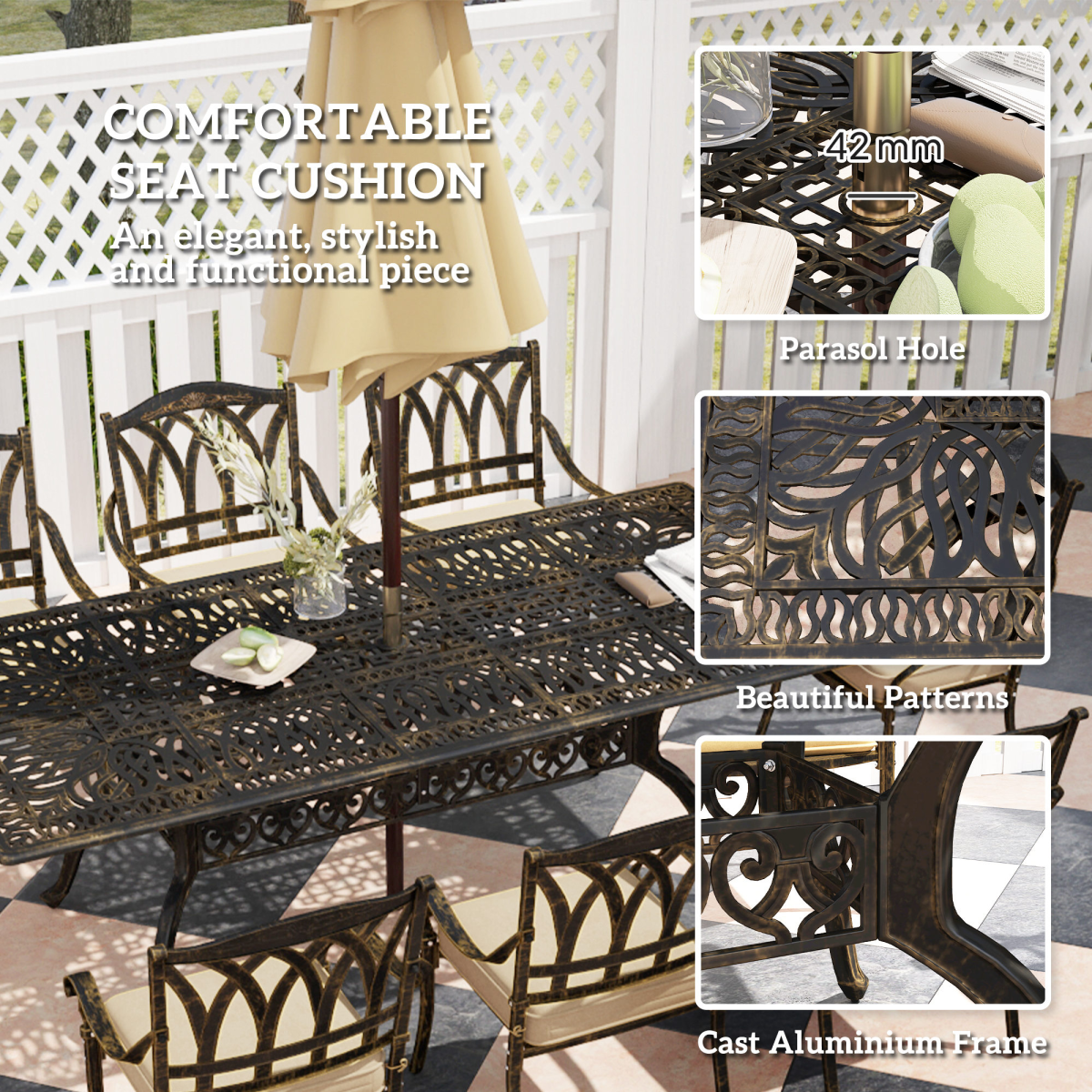 Outsunny 9-Piece Cast Aluminium Garden Dining Set with 8 Armchairs, Cushions & Parasol Hole – Bronze and Khaki