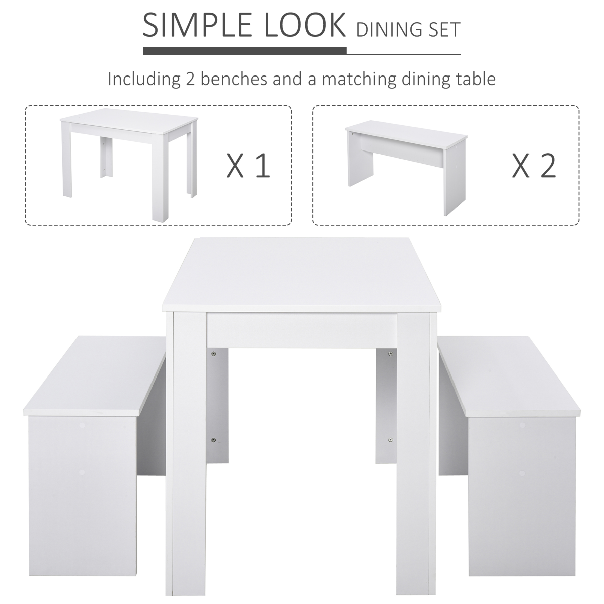 HOMCOM 3-Piece Dining Set with Table & 2 Under-Table Storage Benches – Modern White Melamine Finish