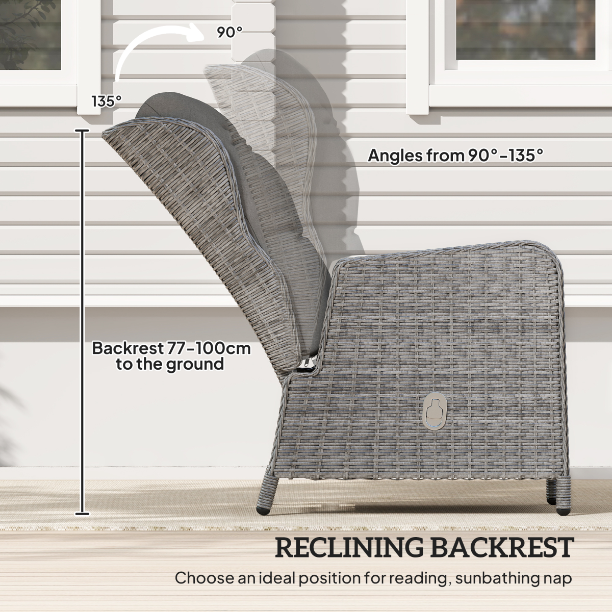 Outsunny 5-Piece Rattan Recliner Set with 2 Chairs, 2 Footstools and Glass Table – Garden Lounge, Light Grey