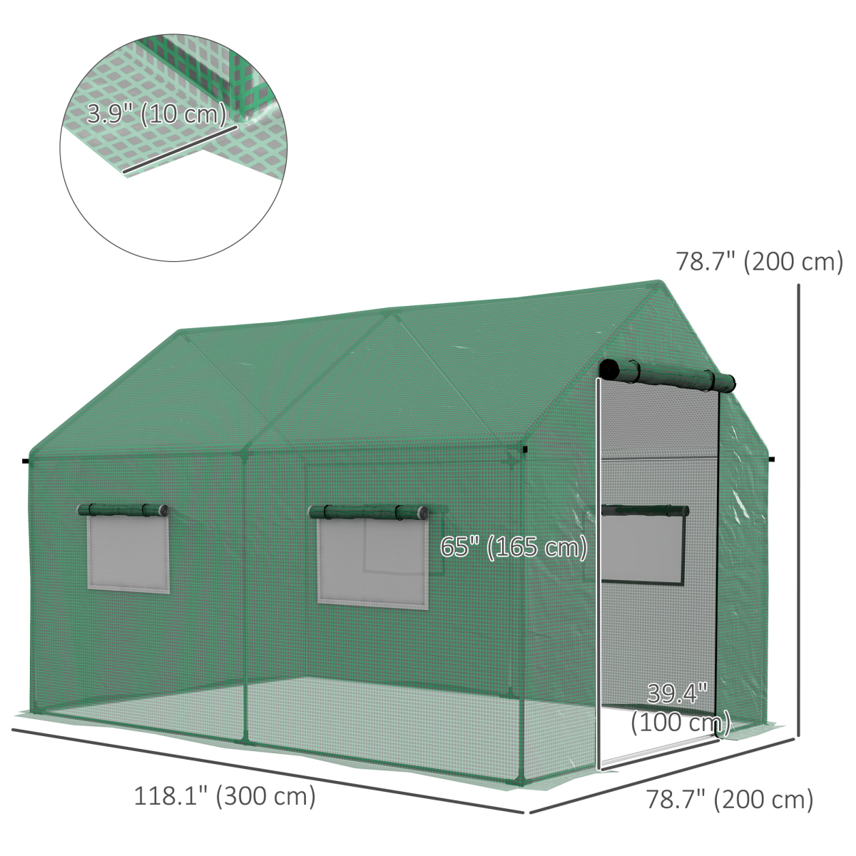 Walk-in Greenhouse with Roll-up Door & Mesh Windows – Galvanised Steel Frame Grow House, 200 x 300 x 200cm, Green