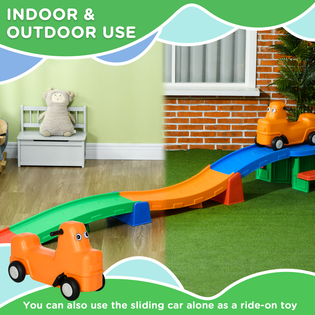 AIYAPLAY 3m Up and Down Kids Rollercoaster with Sliding Car and Non-Slip Steps – Ages 2-5, Multicoloured