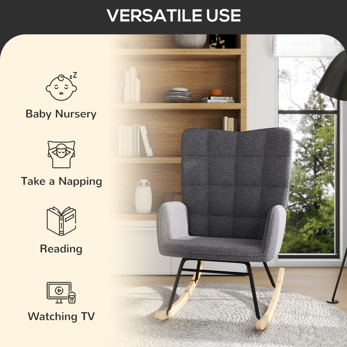 HOMCOM Wingback Nursing Rocking Chair with Curved Wooden Base and Fleece Upholstery – Grey
