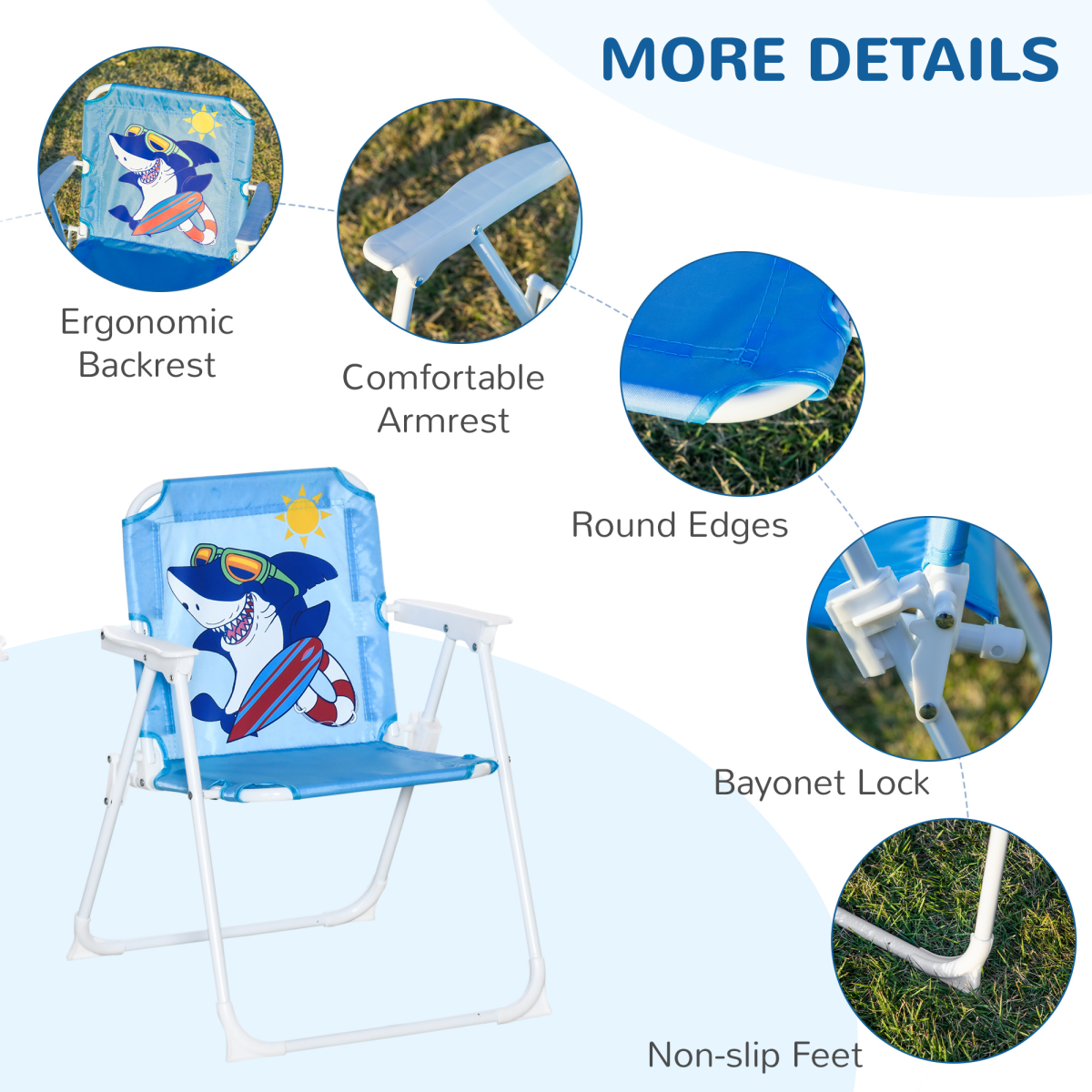 Kids Foldable Four-Piece Garden Set with Round Table, 2 Chairs & Umbrella – Shark Design Play Set, Blue