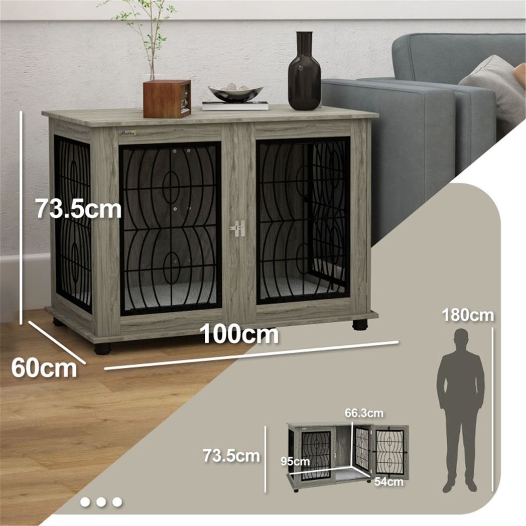 Dog Crate Furniture Side Table with Cushion & Lockable Door – For Large Dogs up to 30kg, Grey Wood Effect