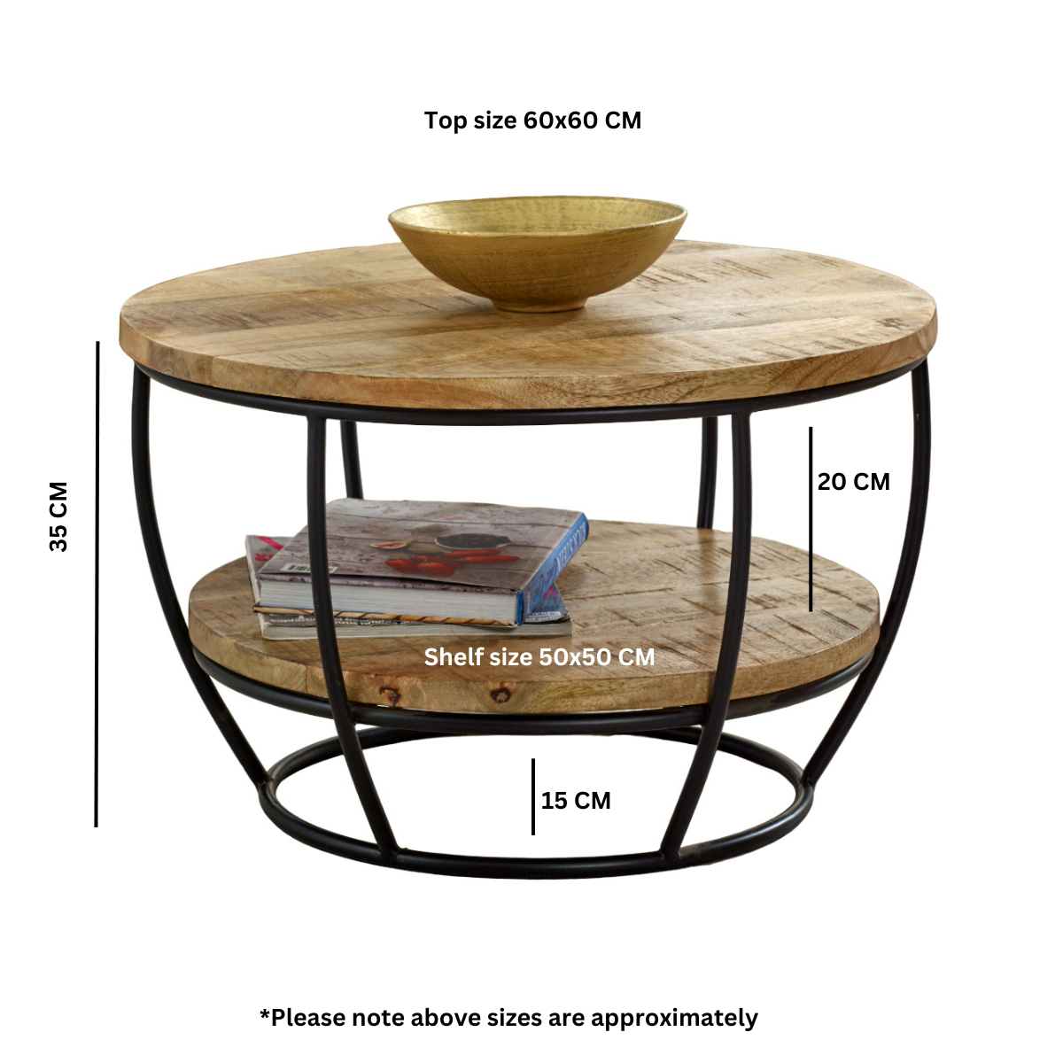 Indian Hub Surrey Solid Mango Wood & Metal Coffee Table with Lower Shelf – Handmade Living Room Table
