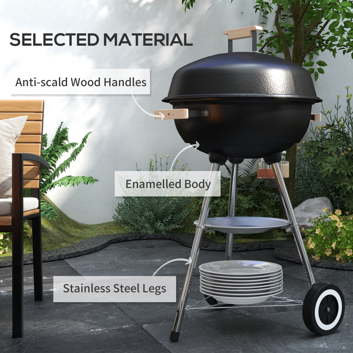 Outsunny Steel BBQ Grill with Porcelain Enamel Lid, Air Vents & Bottom Shelf – Wheeled Barbecue, 85cm High