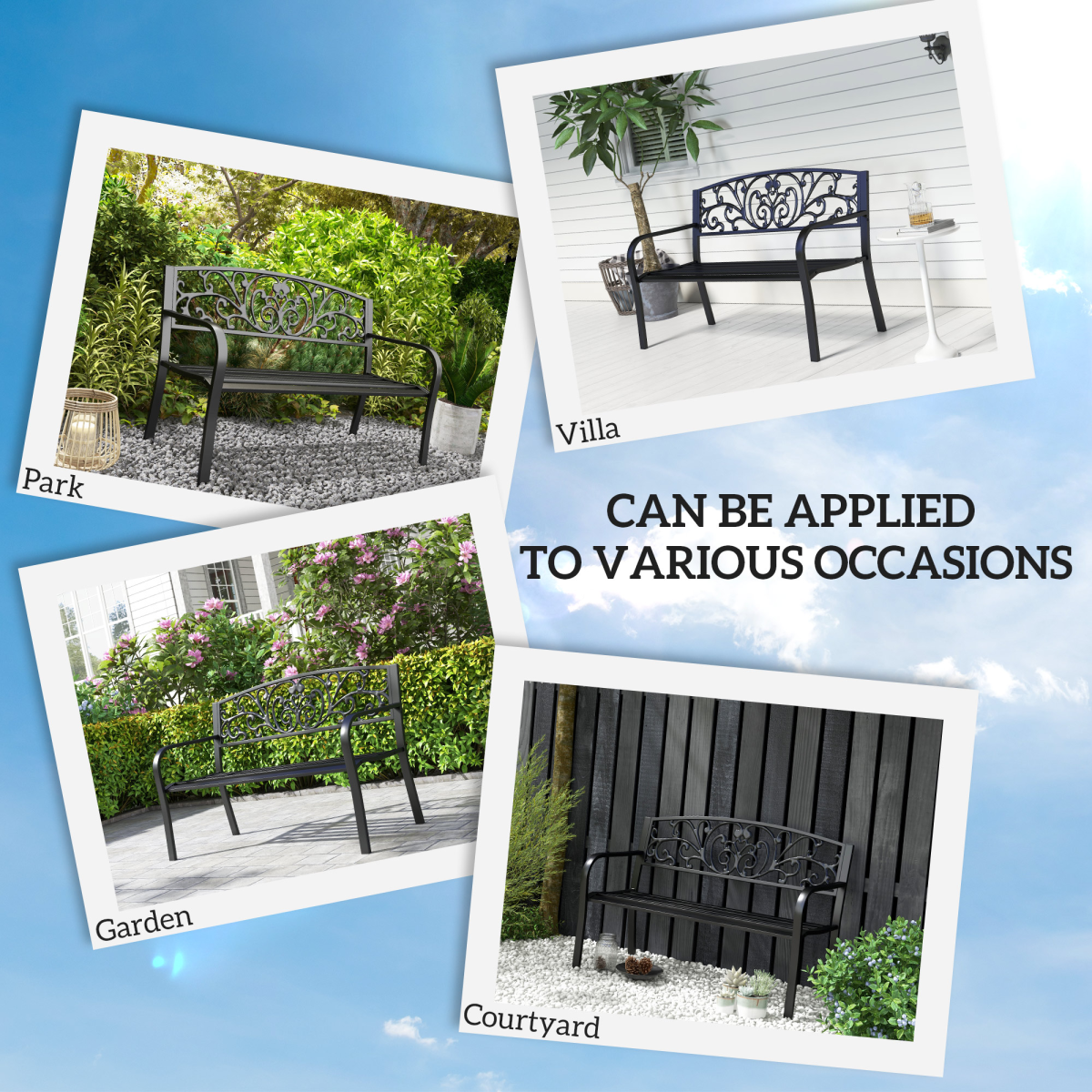 Outsunny 2-Seater Powder Coated Steel Garden Bench with Floral Backrest – Patio Seating, Black