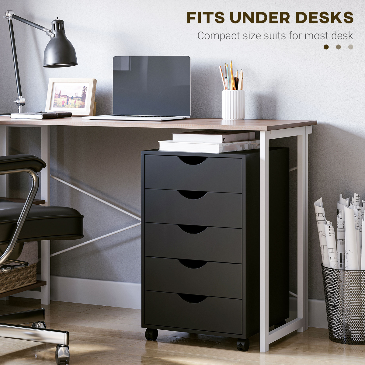 HOMCOM Mobile Vertical Filing Cabinet with 5 Drawers and Wheels – Home Office Storage, Black