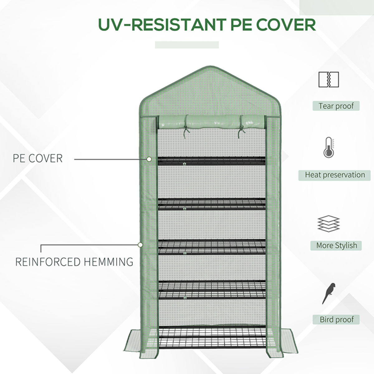 Outsunny 5-Tier Mini Greenhouse with Widened PE Cover & Steel Wire Shelves, 90 x 49 x 193 cm – Green