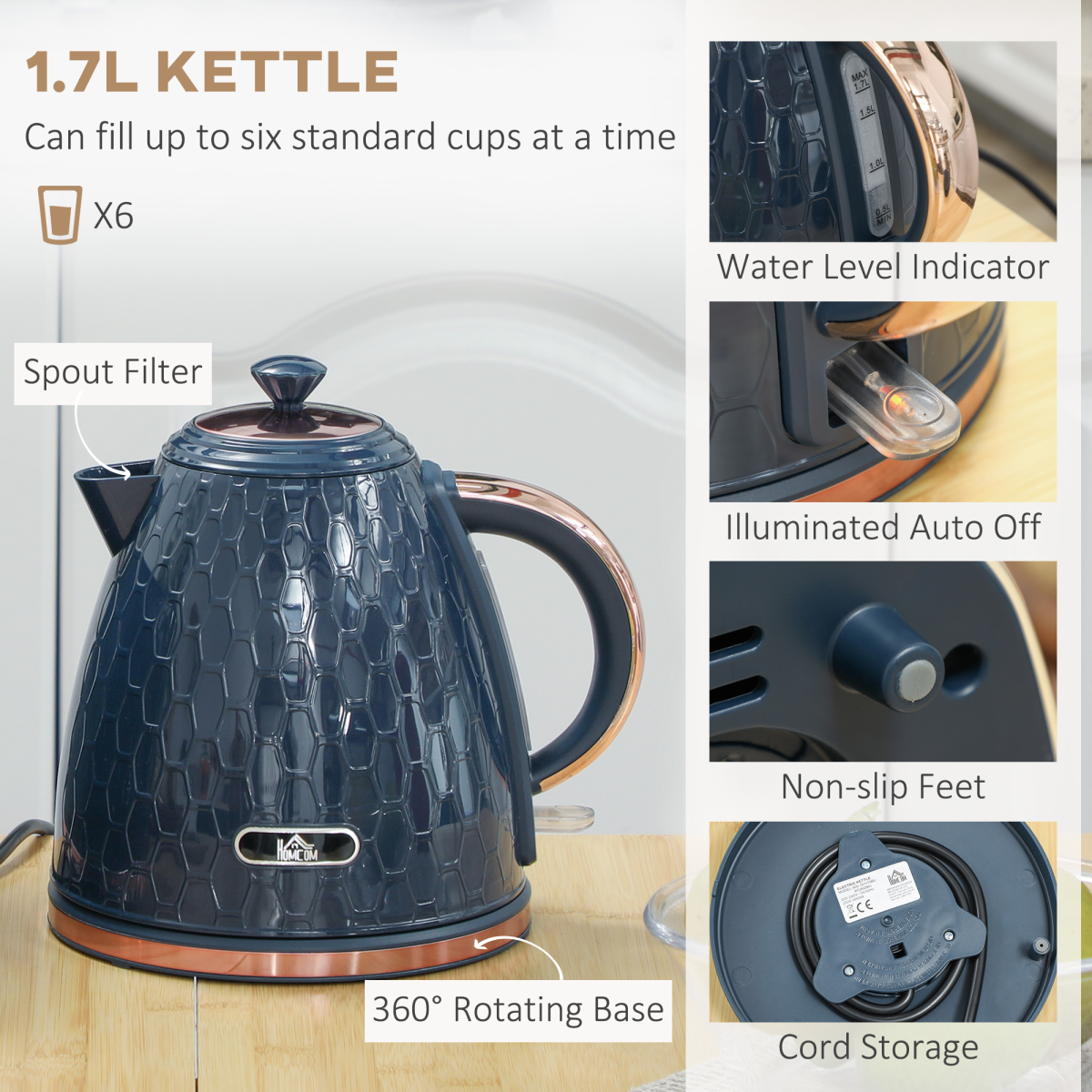 Honeycomb 1.7L Fast Boil Kettle & 2-Slice Toaster Set – Matching Breakfast Set with 7 Browning Settings