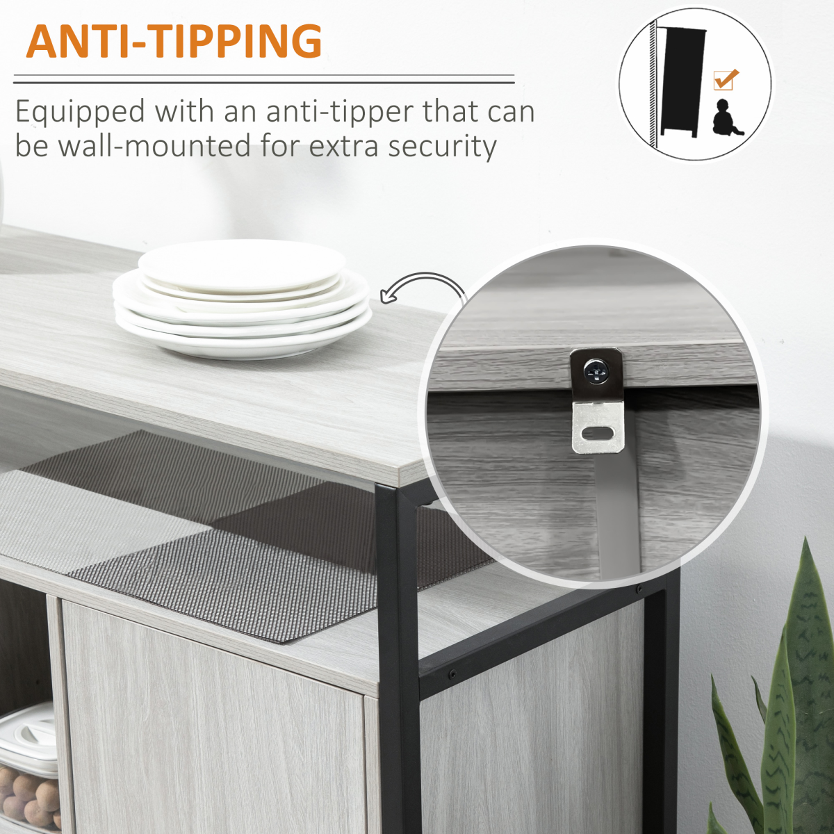 HOMCOM Sideboard with Steel Frame, 2 Doors and Adjustable Shelves – Hallway Storage Cabinet, Light Grey