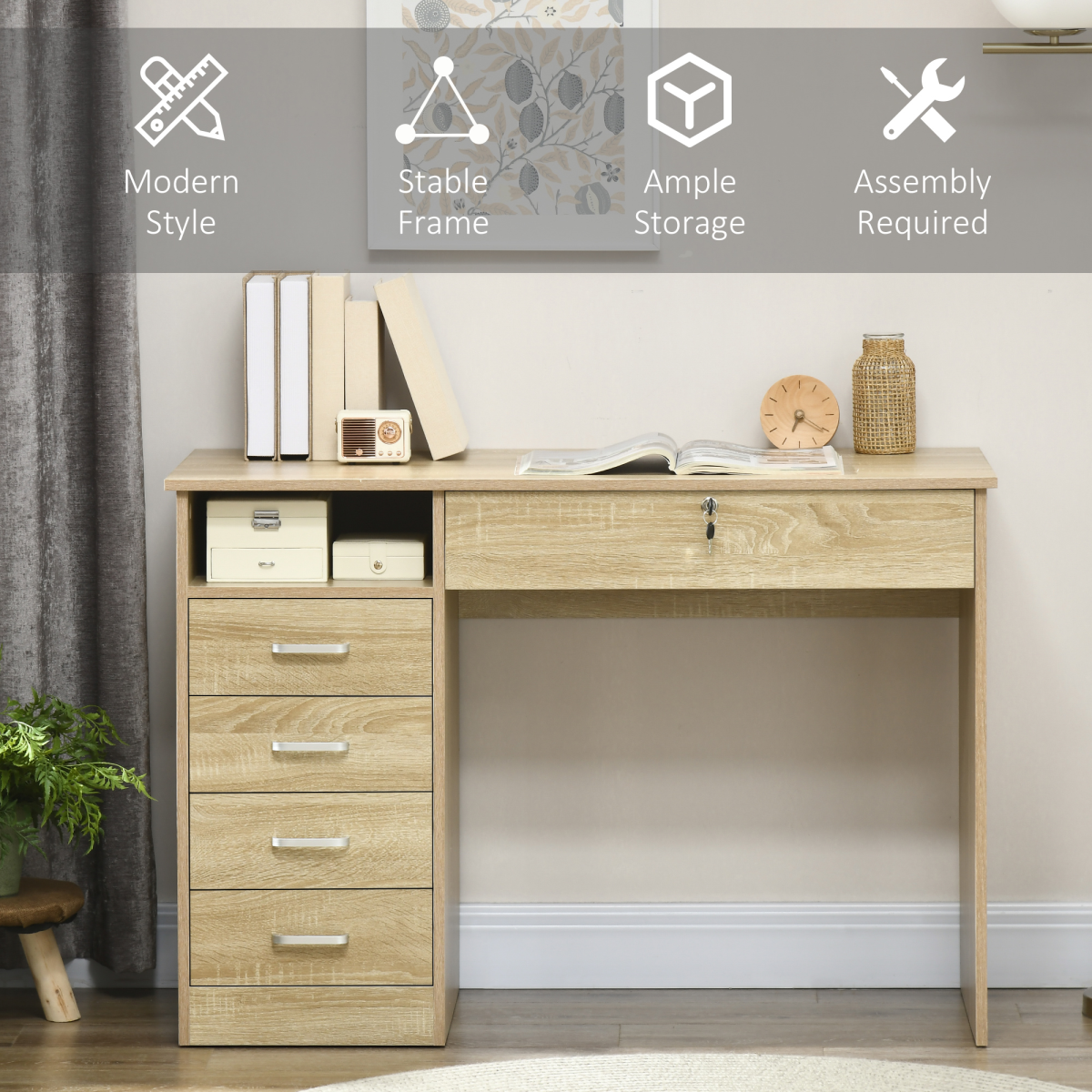 Computer Writing Desk with 5 Drawers & Lockable Drawer – Oak Home Office Desk with Open Shelf