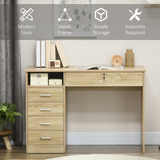 Computer Writing Desk with 5 Drawers & Lockable Drawer – Oak Home Office Desk with Open Shelf