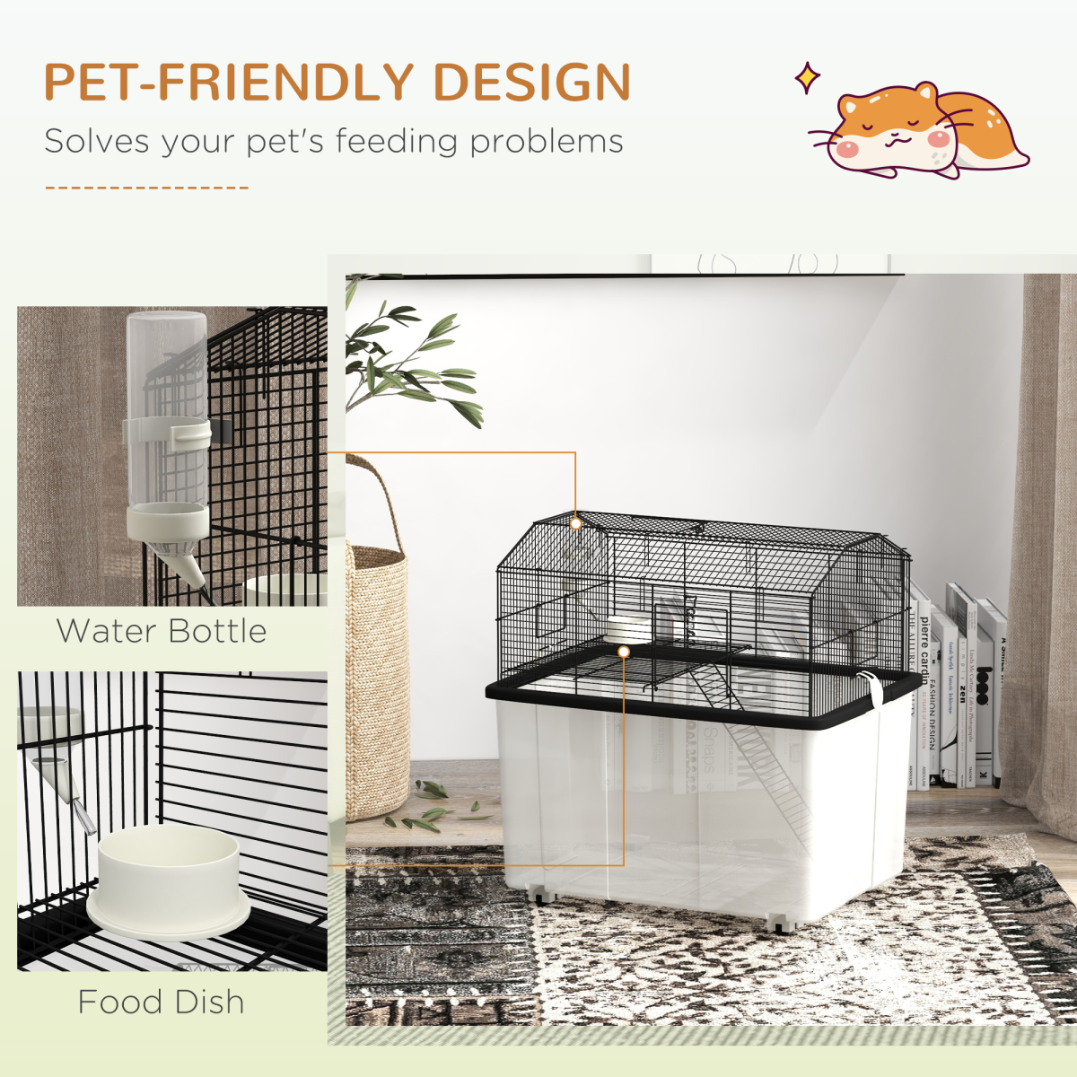 PawHut Two-Tier Hamster Cage with Deep Base, Ramp & Food Dish – Gerbil & Syrian Hamster Home on Wheels, Black