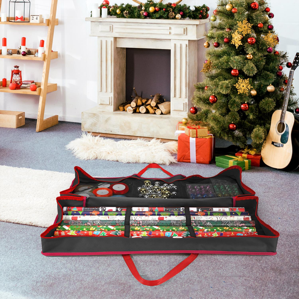 Vinsani Christmas Gift Wrap Storage Bag with Adjustable Straps & Mesh Compartments – Wrapping Paper Organiser, Black