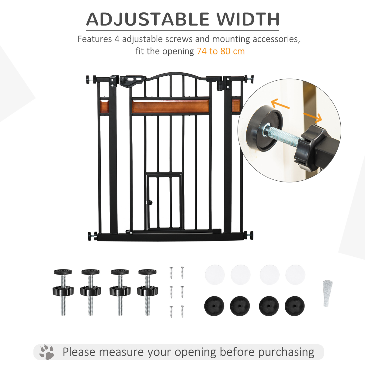 PawHut Auto-Close Dog Gate with Cat Door, 74–80cm Wide – Steel Pet Safety Gate for Stairs, Pine Decor