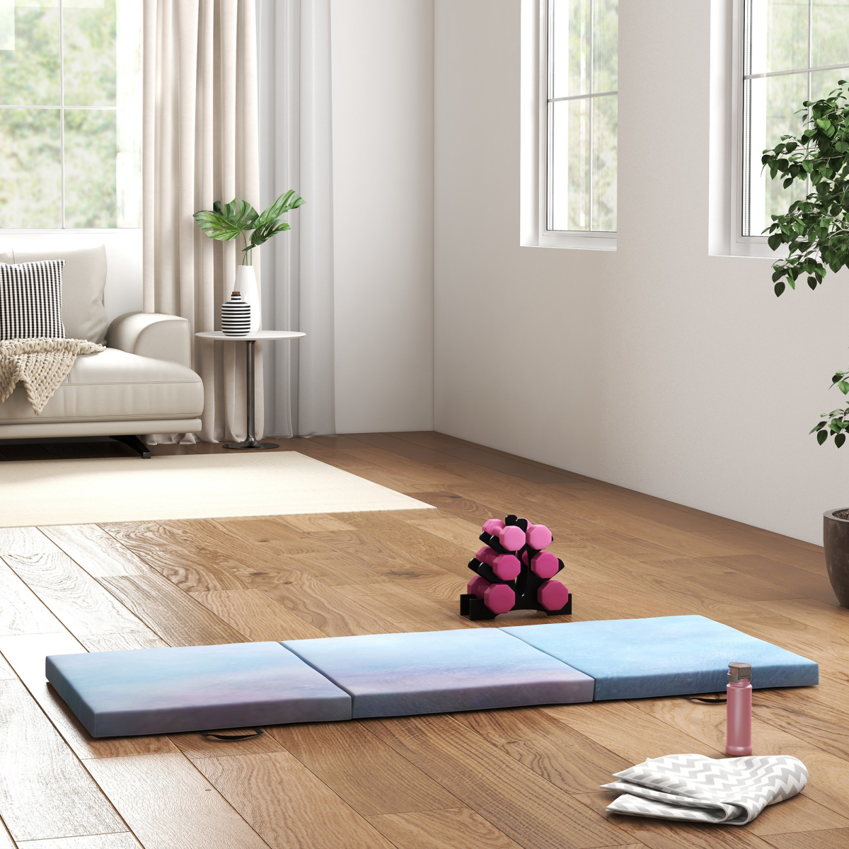 HOMCOM 6ft Foldable Gymnastics Mat, Tri-Fold 5cm Thick Crash Mat for Yoga and Pilates – Sky Blue