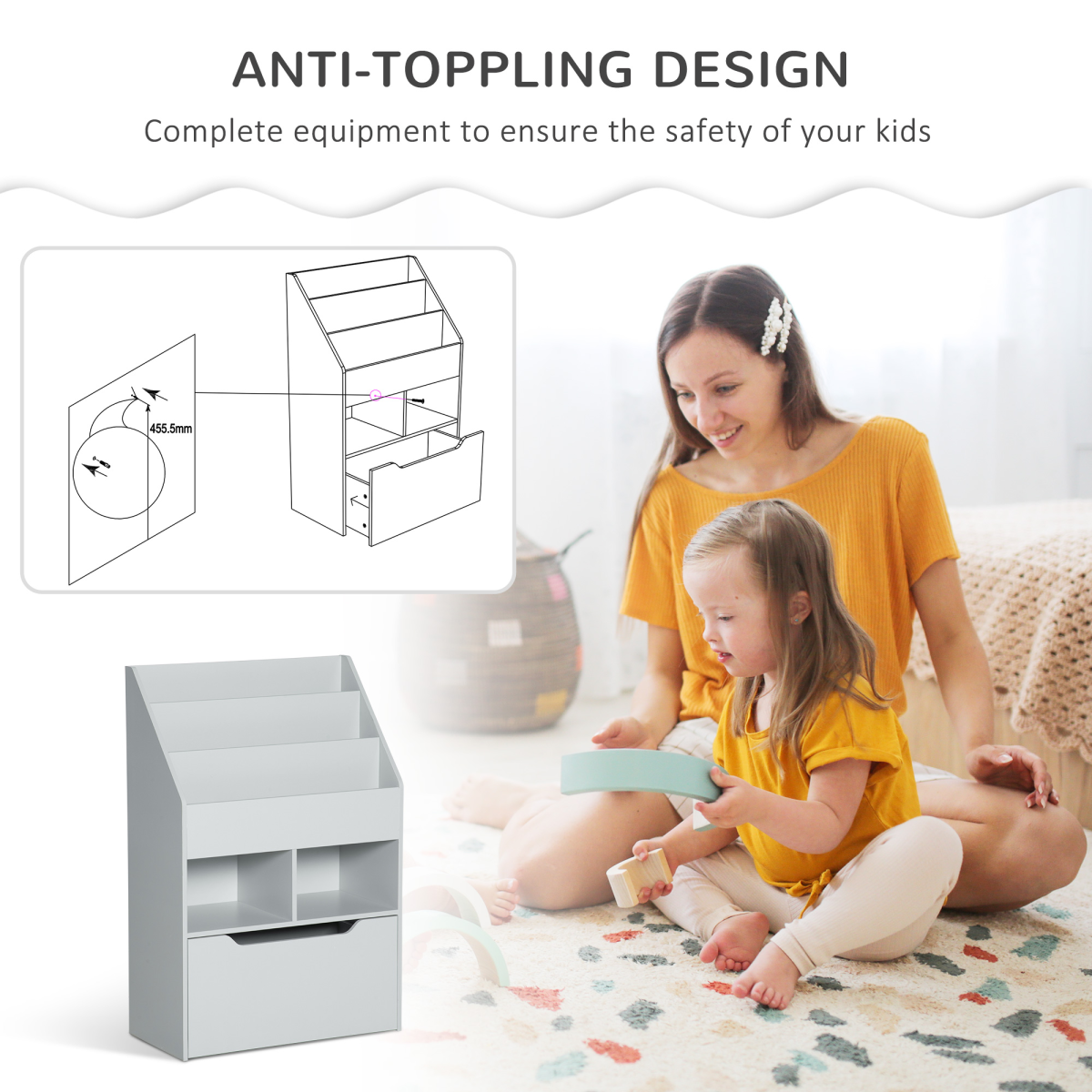 HOMCOM Kids Bookshelf with Toy Storage Drawer on Wheels – Three-Tier Bedroom Organiser, Grey