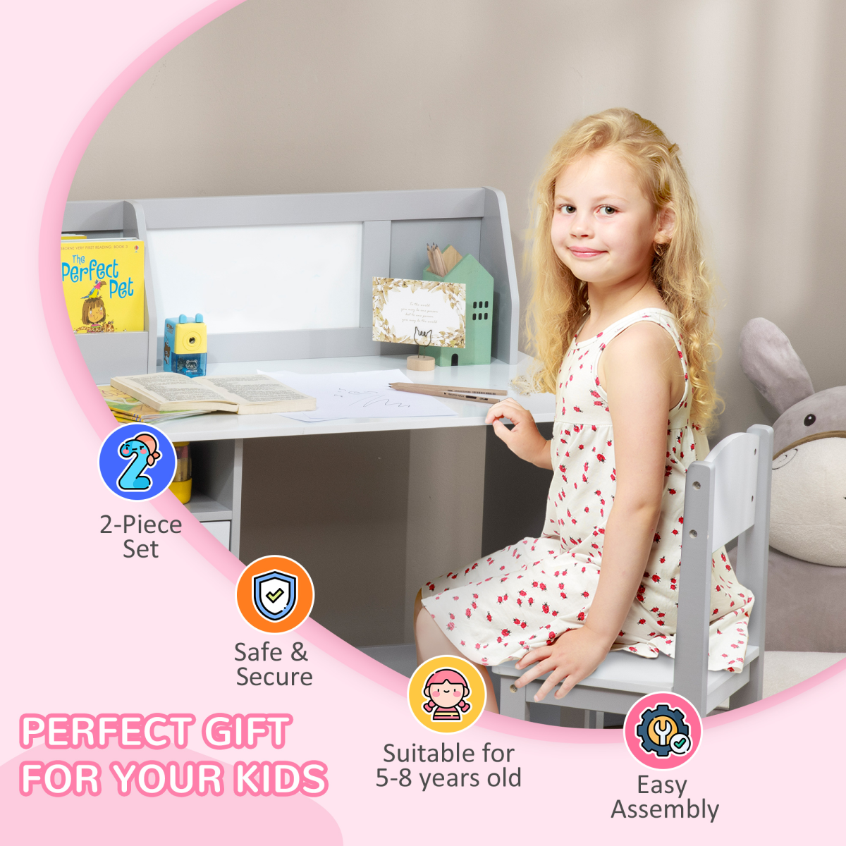 HOMCOM Kids Table and Chair Set with Whiteboard and Storage – 2-Piece MDF and Pinewood Study Desk, Grey