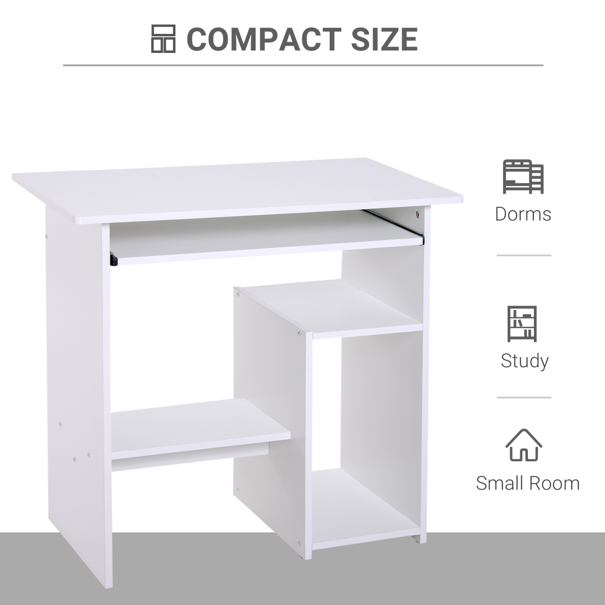 HOMCOM Compact Computer Desk with Slide-Out Keyboard Tray and Two Shelves – Melamine Home Office Desk, White