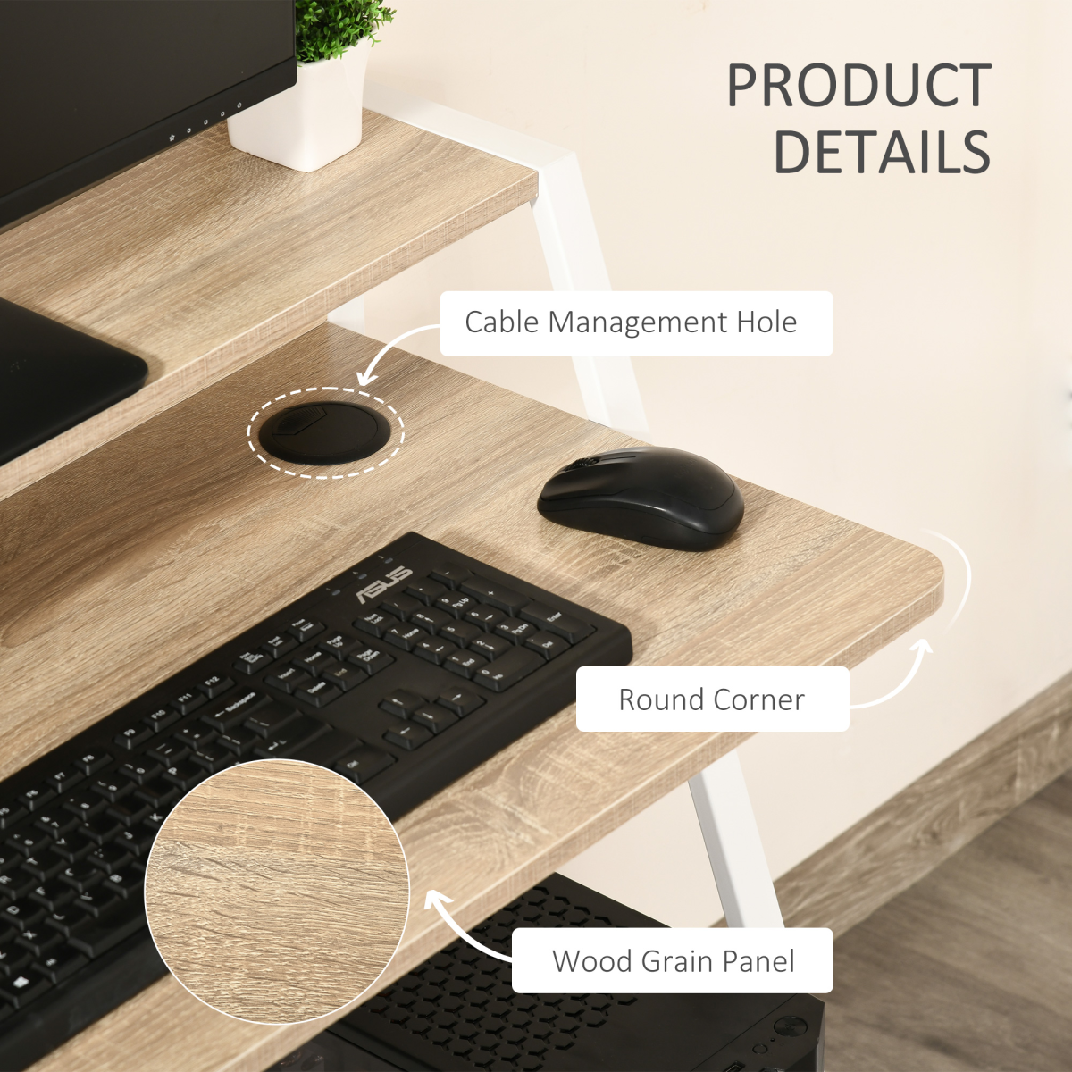 HOMCOM Two-Tier Computer Workstation Desk with Storage Shelf, Steel Frame – Home Office Study Table, White & Oak