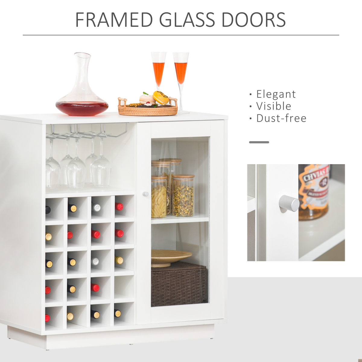 HOMCOM White Sideboard Wine Cabinet with Glass Door, 20-Bottle Rack & Glass Rack