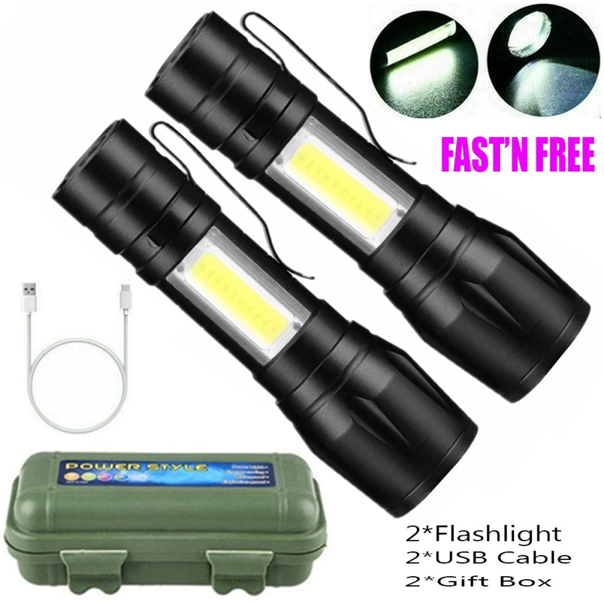 2 Pack USB Rechargeable LED Flashlights with Zoom & 3 Modes – Pocket Torch for Camping & Car Repair