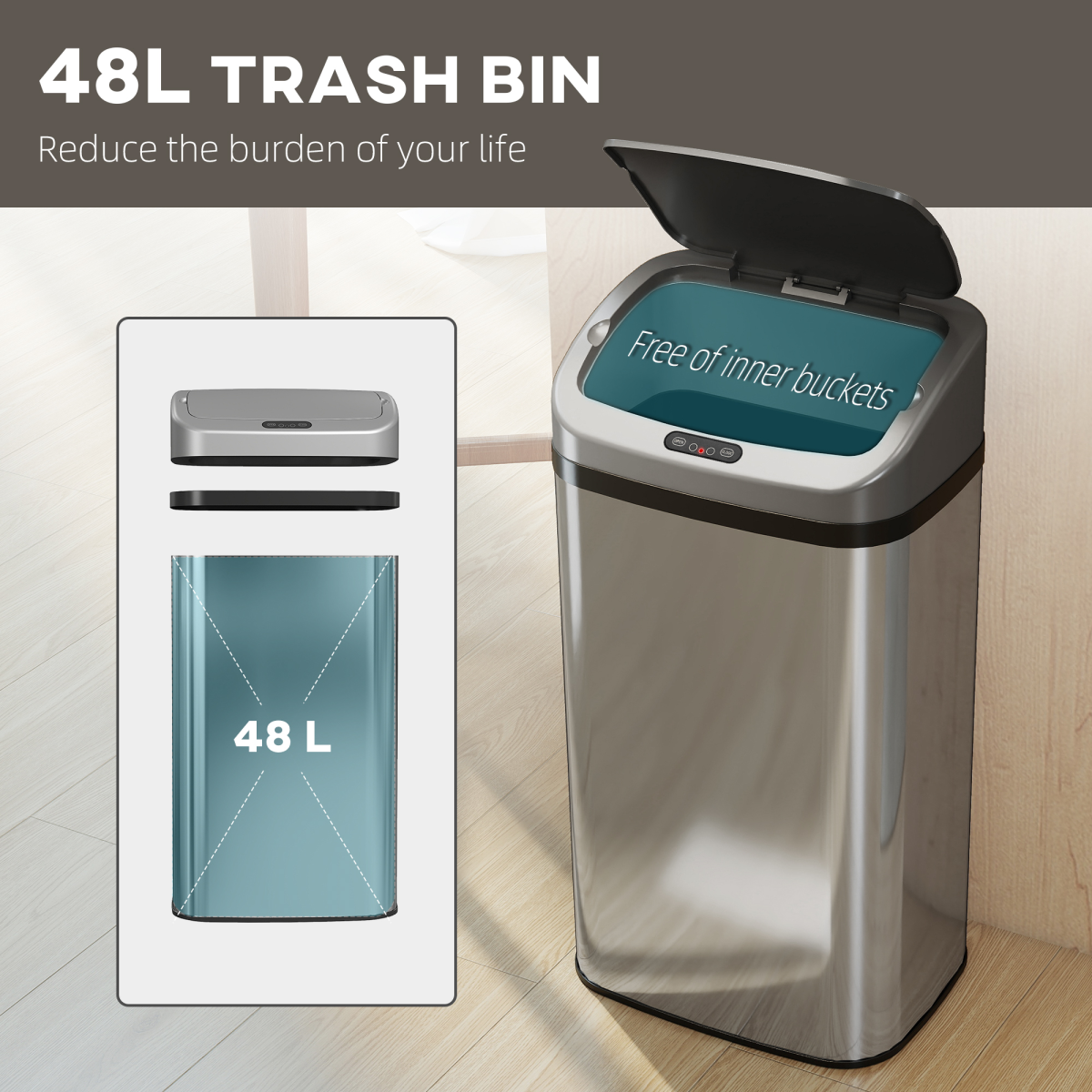 HOMCOM 48L Stainless Steel Sensor Bin with Infrared Lid & Automatic Close – Touch-Free Kitchen Bin, Silver