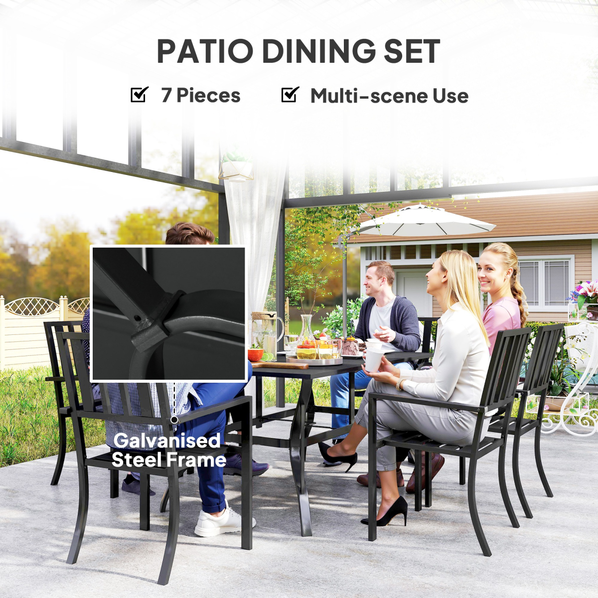 Outsunny 7-Piece Steel Patio Dining Set with 42mm Umbrella Hole – Table & 6 Stackable Chairs, Black