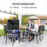 Outsunny 7-Piece Steel Patio Dining Set with 42mm Umbrella Hole – Table & 6 Stackable Chairs, Black
