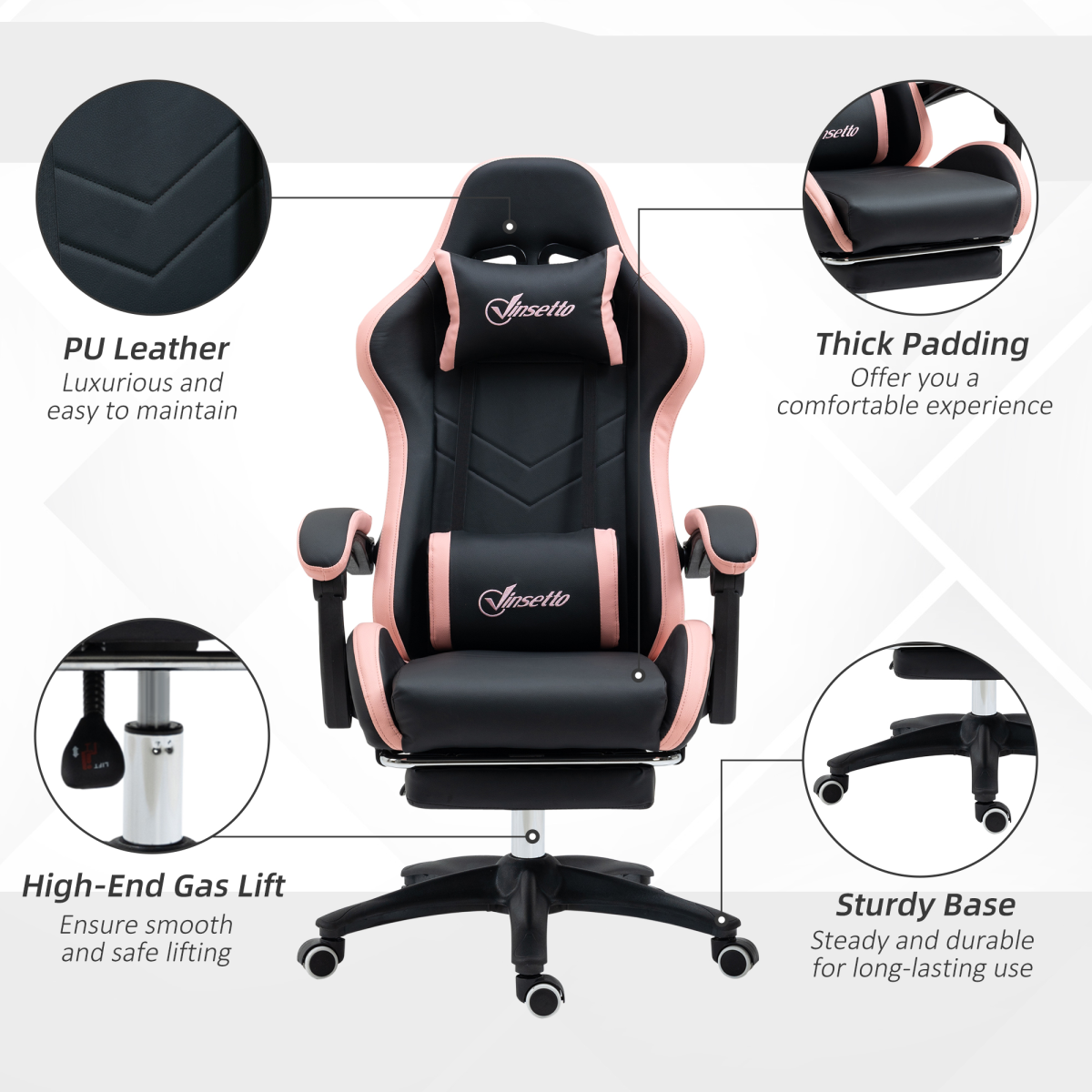 Reclining Gaming Chair with Footrest, Head & Lumbar Pillows – Swivel Computer Desk Chair, Black & Pink
