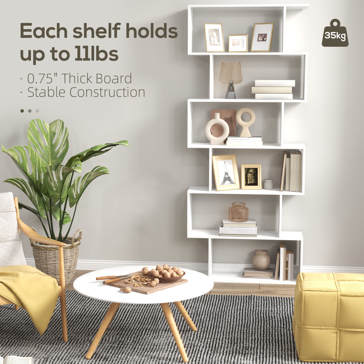 HOMCOM 6-Tier Asymmetrical Shelving Unit with Anti-Toppling Design – Display and Storage, White