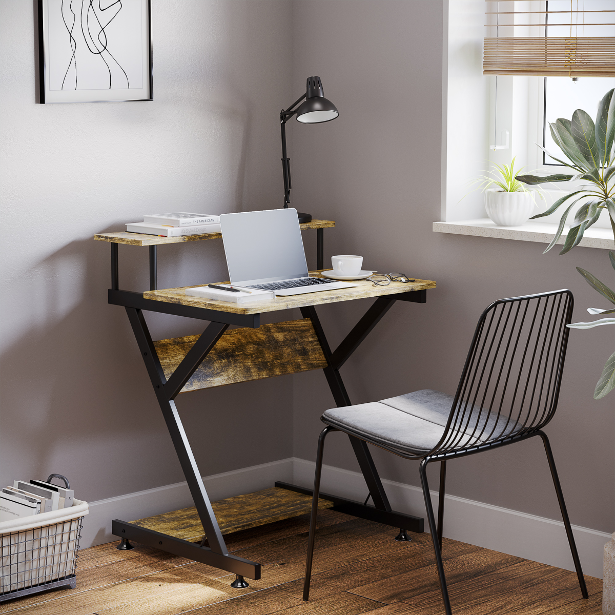 HOMCOM R-Shaped Computer Desk with Monitor Shelf and Storage Shelf, Metal Frame – Brown