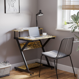 HOMCOM R-Shaped Computer Desk with Monitor Shelf and Storage Shelf, Metal Frame – Brown