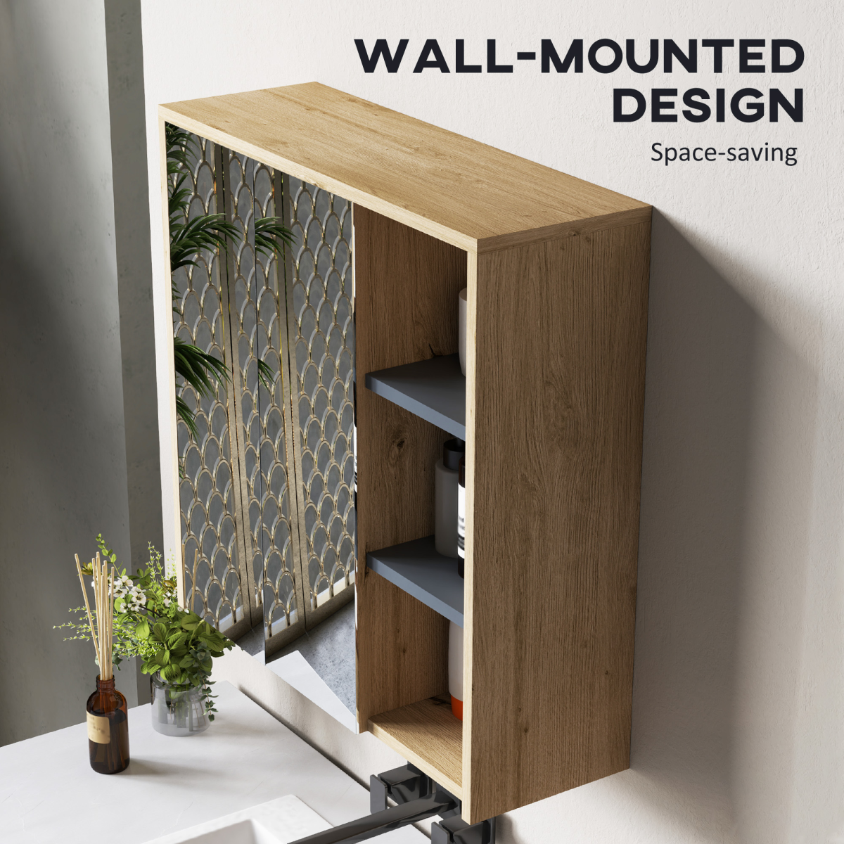 HOMCOM Wall-Mounted Bathroom Mirror Cabinet with Five Shelves and Two Mirrored Doors, Natural