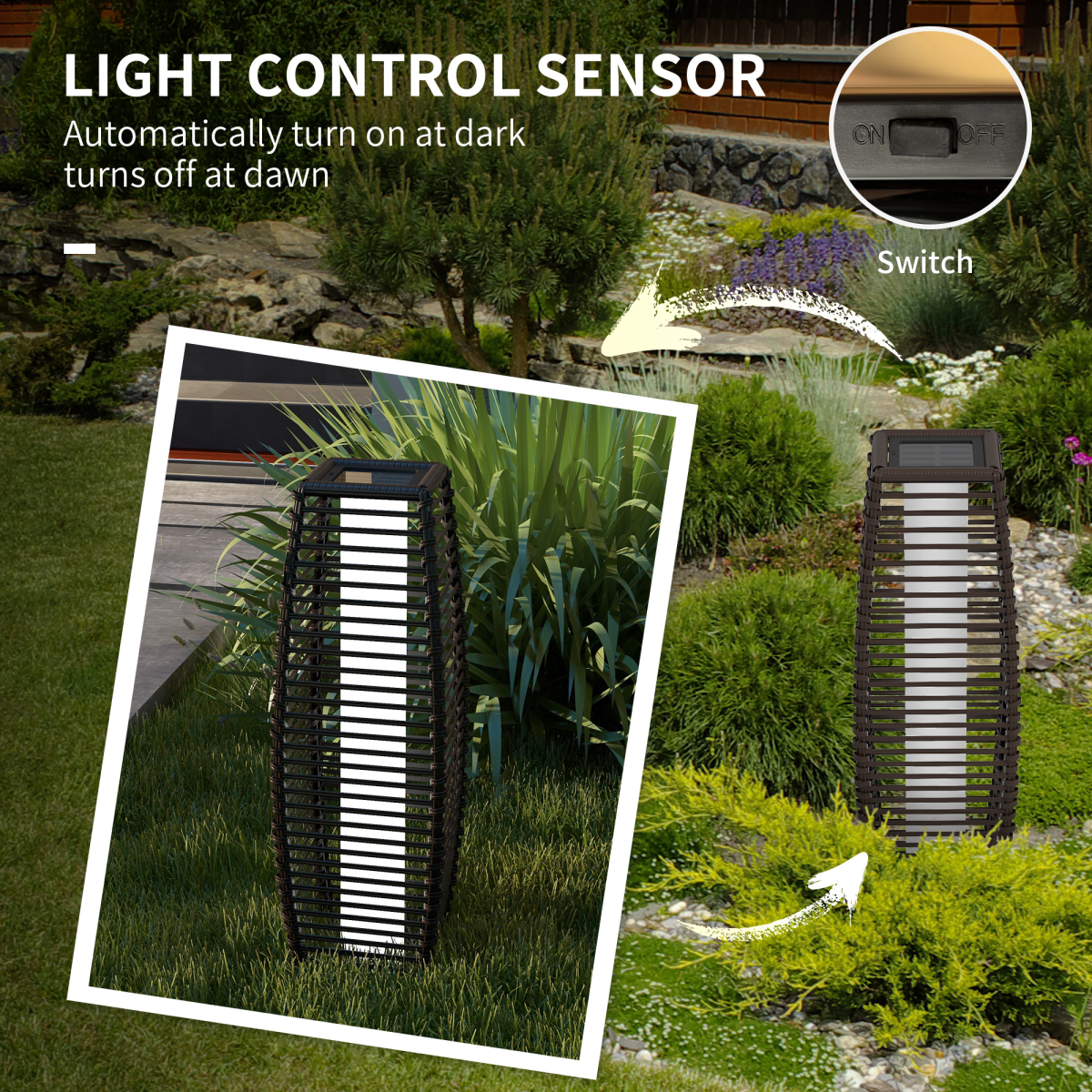Outsunny Solar Rattan Floor Lamp with Auto On/Off LED & IP44 Water Resistance – Warm White Garden Light, Brown