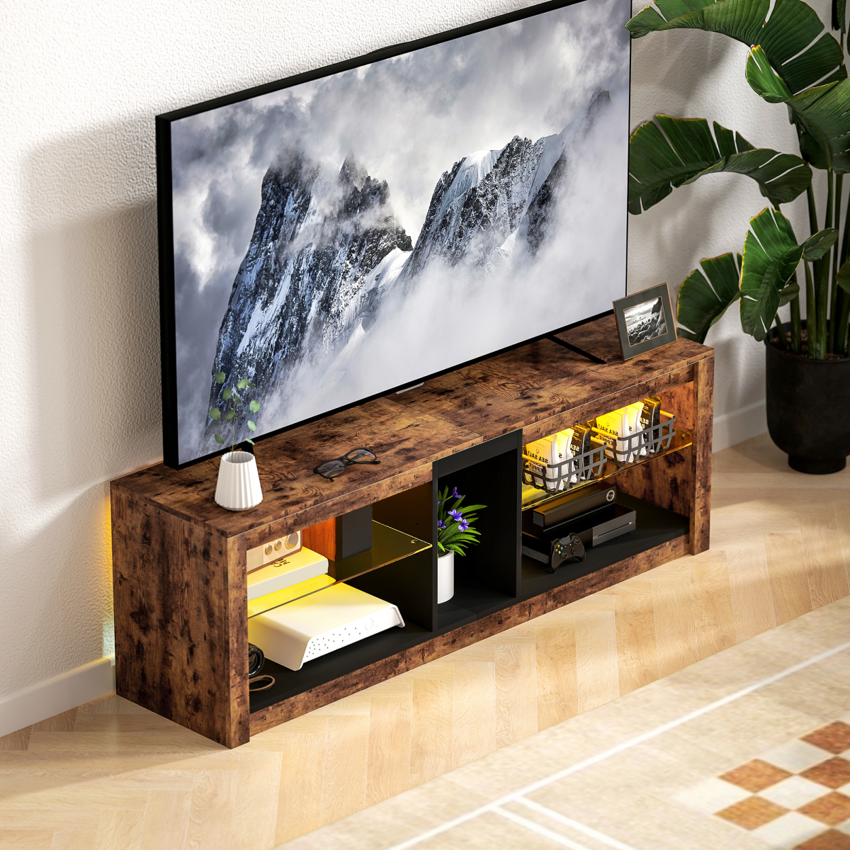 HOMCOM TV Stand with LED Lights & Remote Control – Entertainment Centre for TVs up to 65 Inch, Rustic Brown