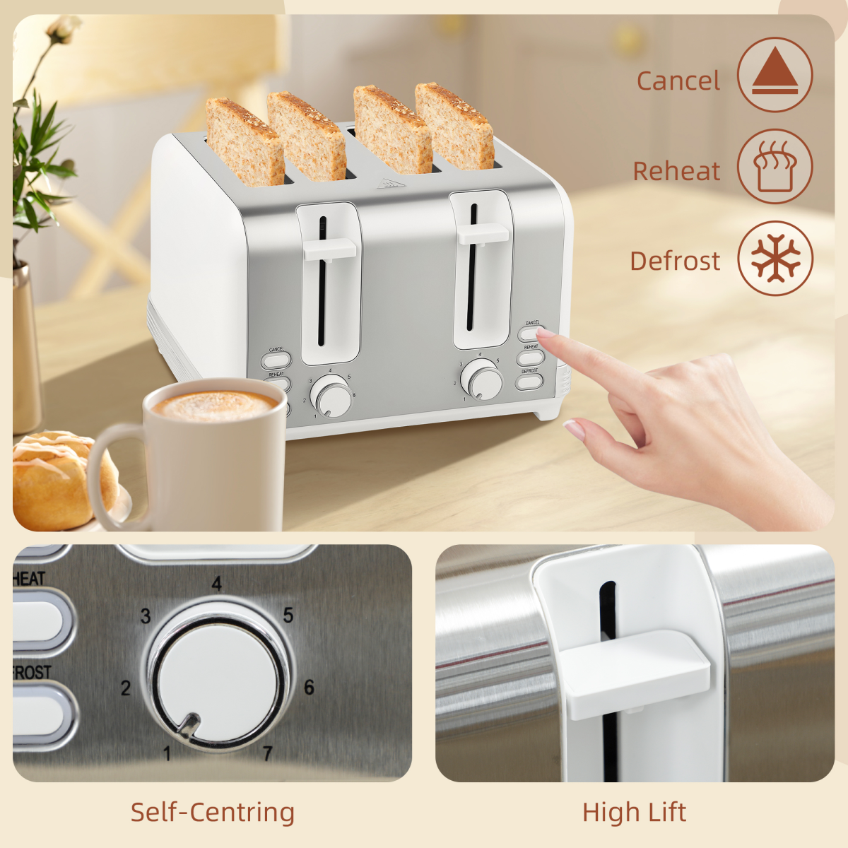 Kettle and 4-Slice Toaster Set, 1.7L 3000W Stainless Steel Kettle, White and Silver