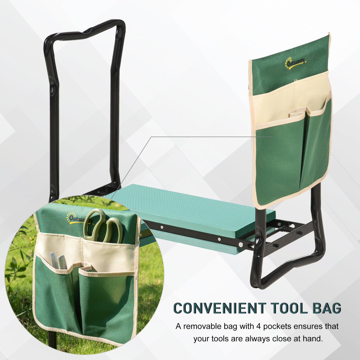 Outsunny Steel Frame Garden Kneeler and Seat with Tool Pouch & Foam Pad – Foldable, Green