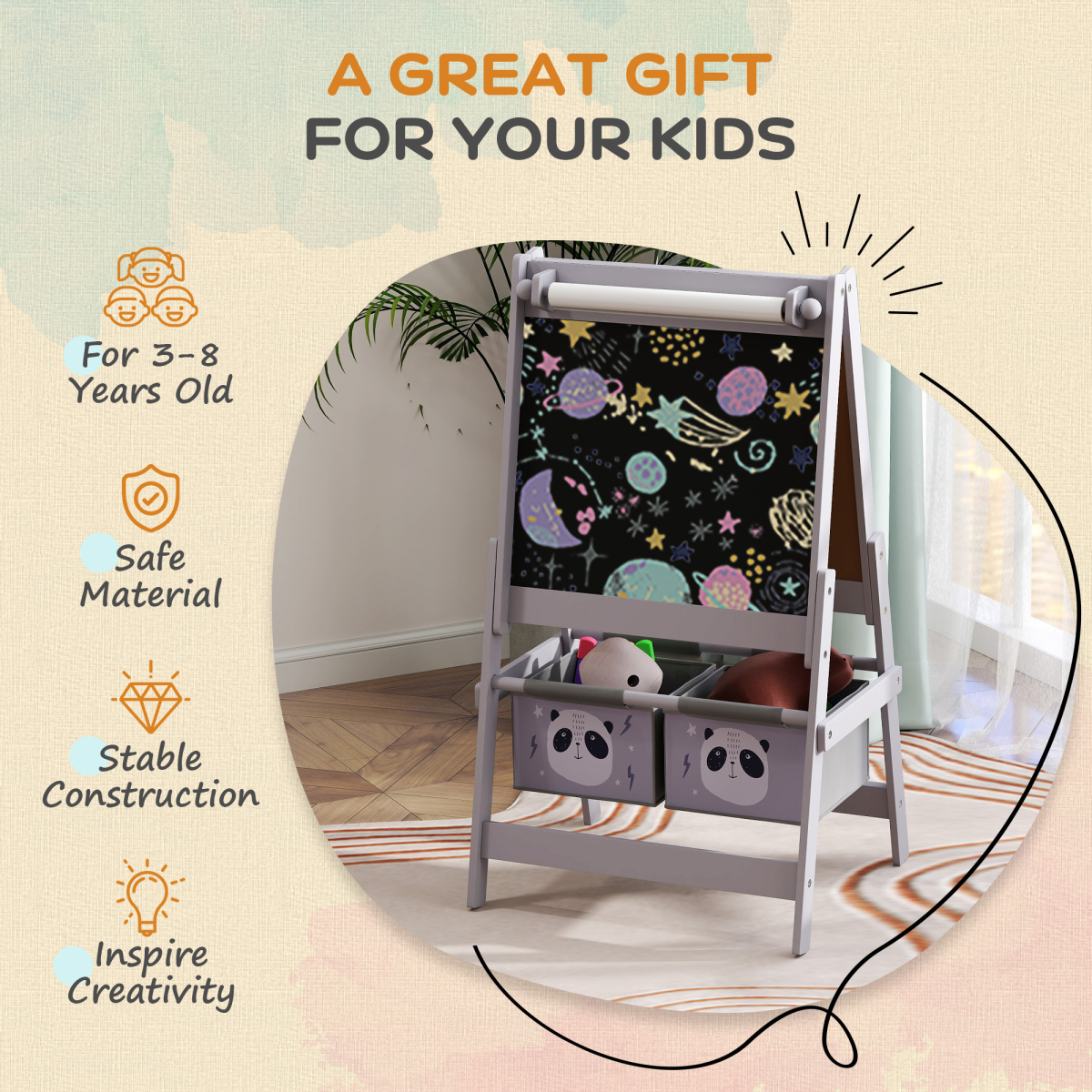 AIYAPLAY 3-in-1 Kids Easel with Paper Roll, Blackboard, Whiteboard and Storage Baskets – Grey